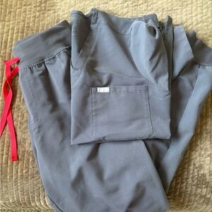 Figs Gray Scrub Pants with Pink Drawstring